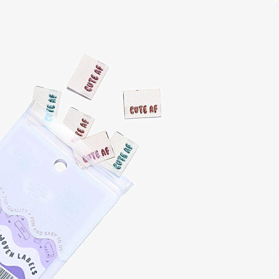 Sparkly Cute AF woven labels by Kylie and the Machine in turquoise, orange and pink - playful side seam tags for handmade creations