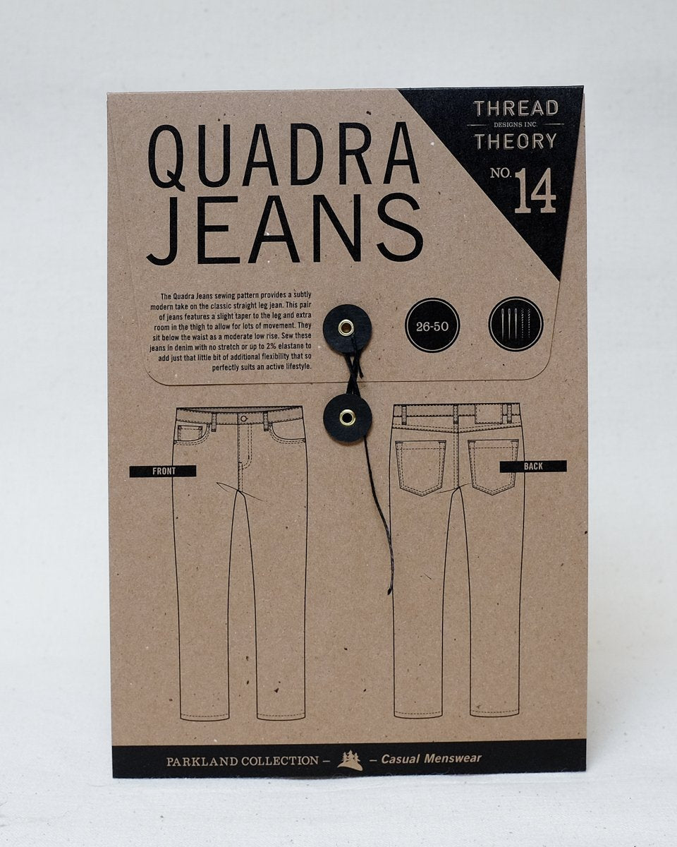 Thread Theory Quadra Jeans sewing pattern modern straight-leg denim with tapered legs and two-piece waistband
