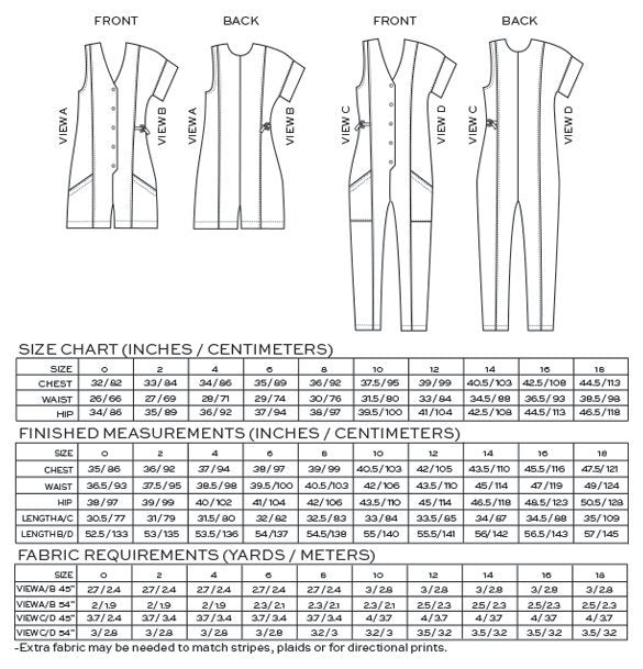 True Bias Yari Jumpsuit sewing pattern with V-neckline, angled patch pockets, button front, optional D-ring waist ties, and four view options
