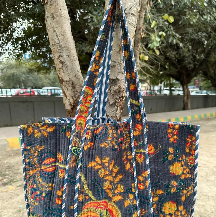 Quilted Velvet Market Bag - Midnight Floral (Reversible)