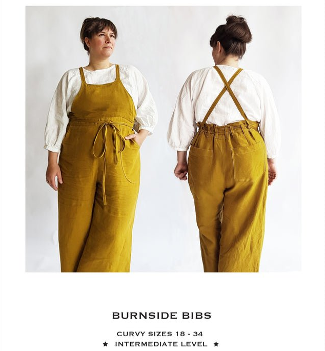 Sew House Seven Burnside Bibs Curvy Fit sewing pattern, scooped or straight front bib, cross-back straps, wide-leg pants