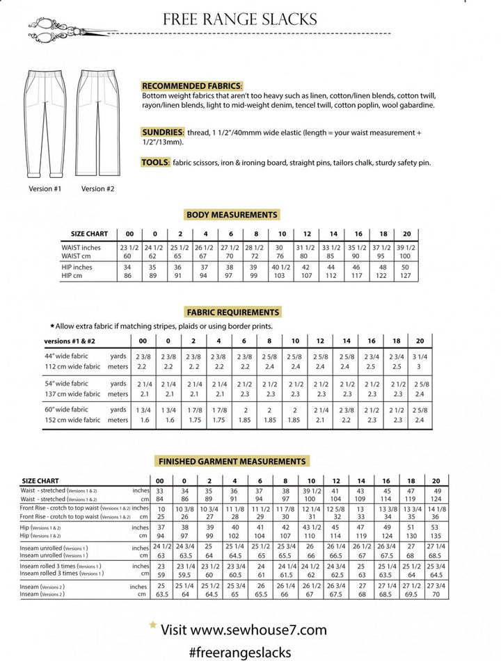 Sew House Seven Free Range Slacks Paper Pattern – elastic waist tapered and straight cropped pants sewing pattern