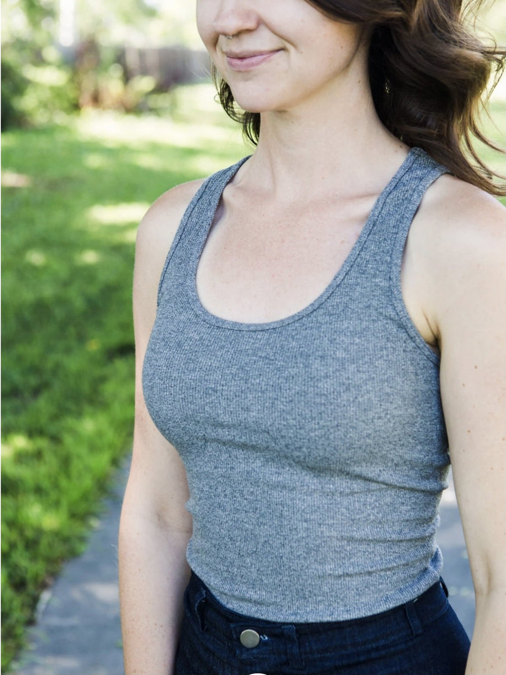 Allie Olson Kila Tank sewing pattern – fitted racerback tank top with scoop neckline in knit fabrics