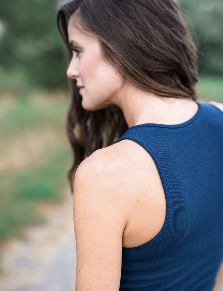 Allie Olson Kila Tank sewing pattern – fitted racerback tank top with scoop neckline in knit fabrics