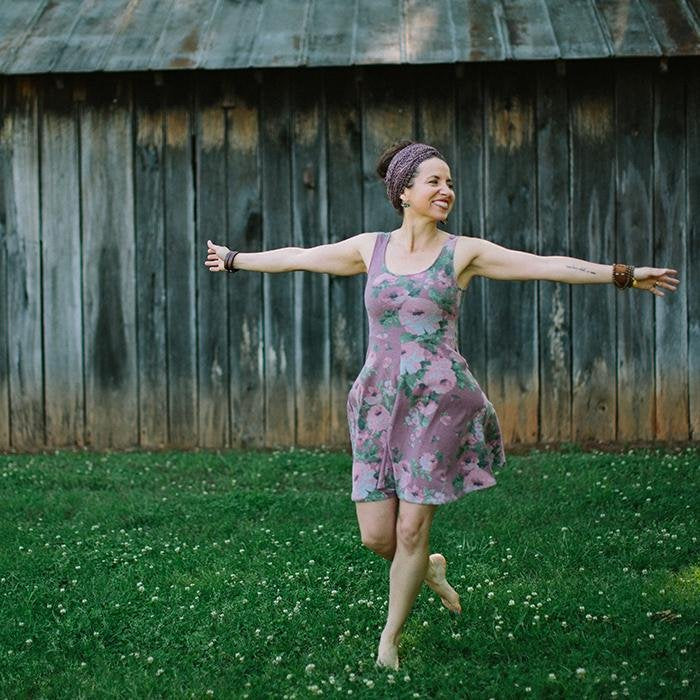 Sew Liberated Stasia Dress and Top in soft knit fabric, showcasing V-front bodice and flowing fit