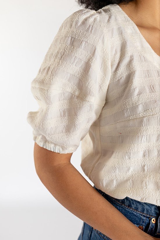 Chalk & Notch Wren Blouse & Dress sewing pattern with button-front and statement sleeves
