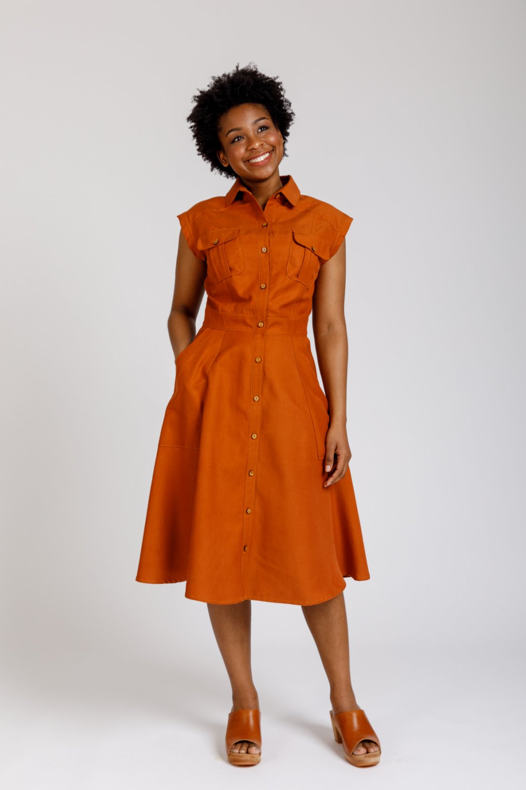 Megan Nielsen Matilda sewing pattern utility-style shirt dress with pleated pockets and A-line skirt
