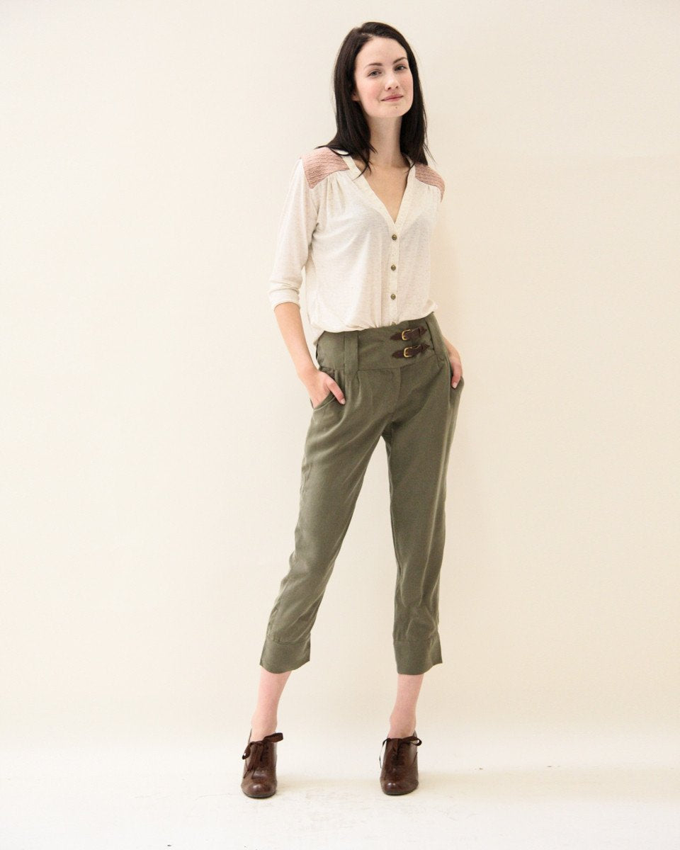 Thread Theory Camas Blouse sewing pattern with gathered yokes, curved V-neckline, and slim elbow-length sleeves