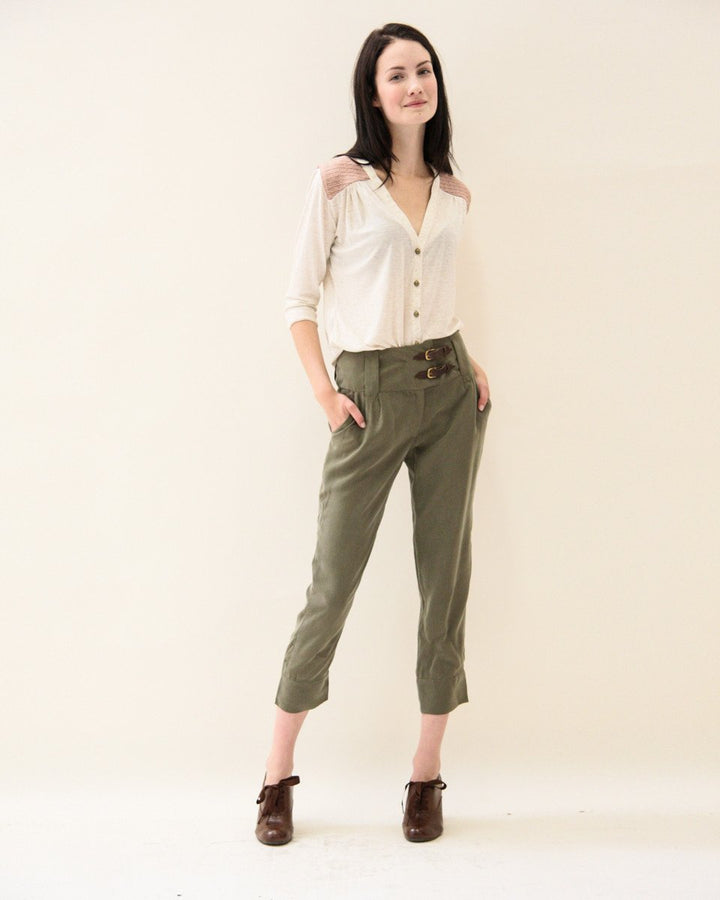 Thread Theory Camas Blouse sewing pattern with gathered yokes, curved V-neckline, and slim elbow-length sleeves