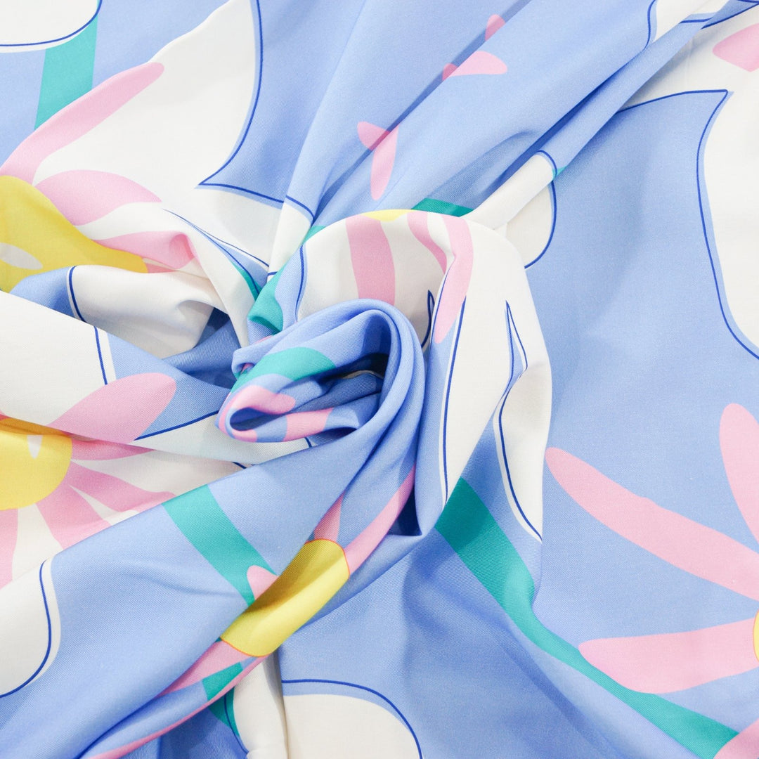 Rayon Twill Daisy Daydream fabric with pastel floral print, soft flowing 54-inch width, lightweight and luxurious for sewing projects