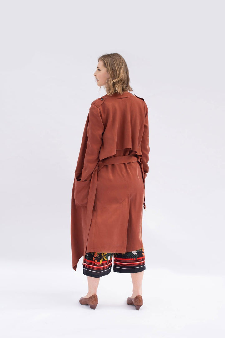 Victory Patterns Ulysses modern trench coat jacket with shawl collar, rain guard overlay, angled patch pockets, and belt