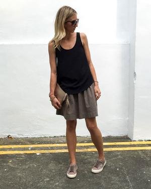 Cali Faye Collection Basics Drop Skirt sewing pattern with wide waist panel and A-line silhouette, suitable for lightweight woven fabrics