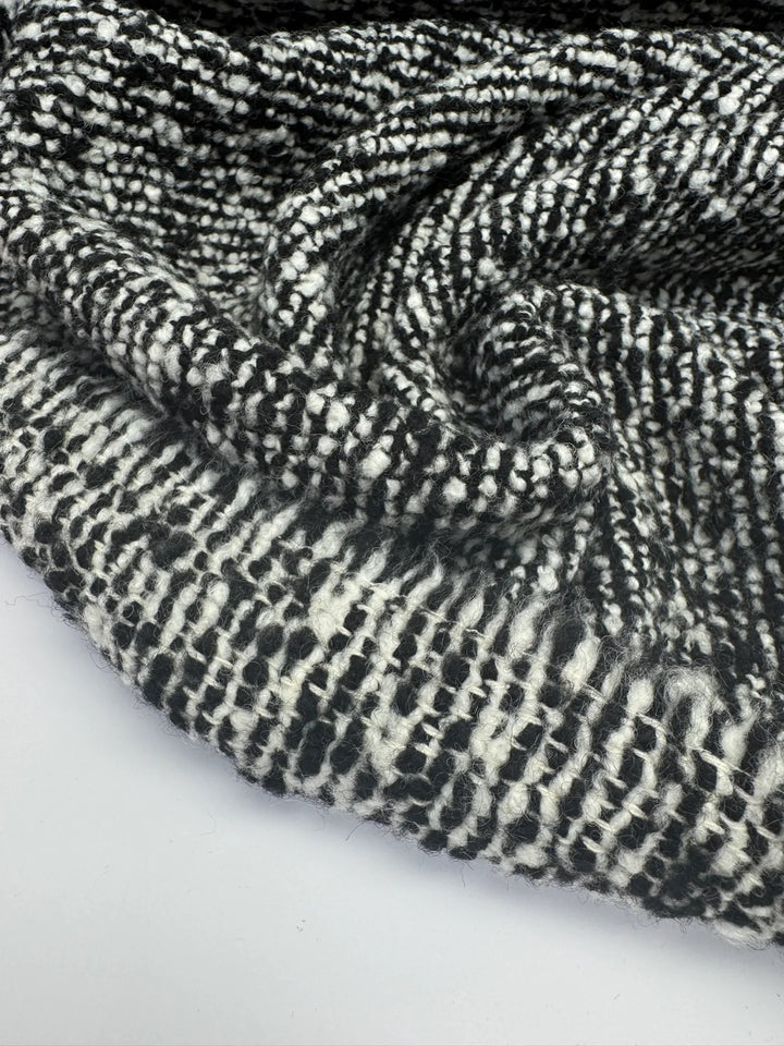 Black and white tweed bouclé wool blend fabric with small texture, Italian heavyweight 56-inch wide, ideal for coats, skirts, and structured suits