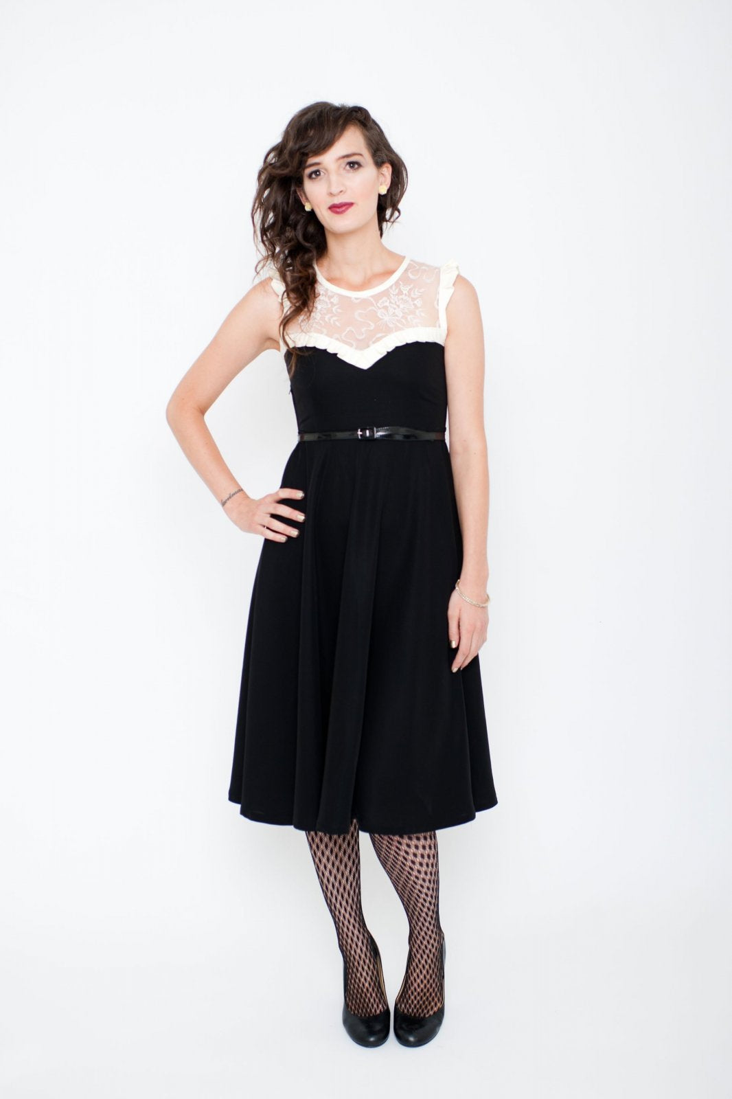 Victory Patterns Ava sweetheart neckline dress with flared skirt, pleated bodice, and sleeve options