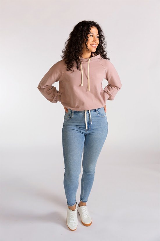 Chalk & Notch Page Hoodie sewing pattern cropped hooded sweatshirt with banded or drawstring hem and interchangeable sleeves