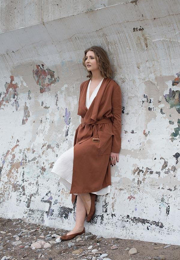 Victory Patterns Ulysses modern trench coat jacket with shawl collar, rain guard overlay, angled patch pockets, and belt