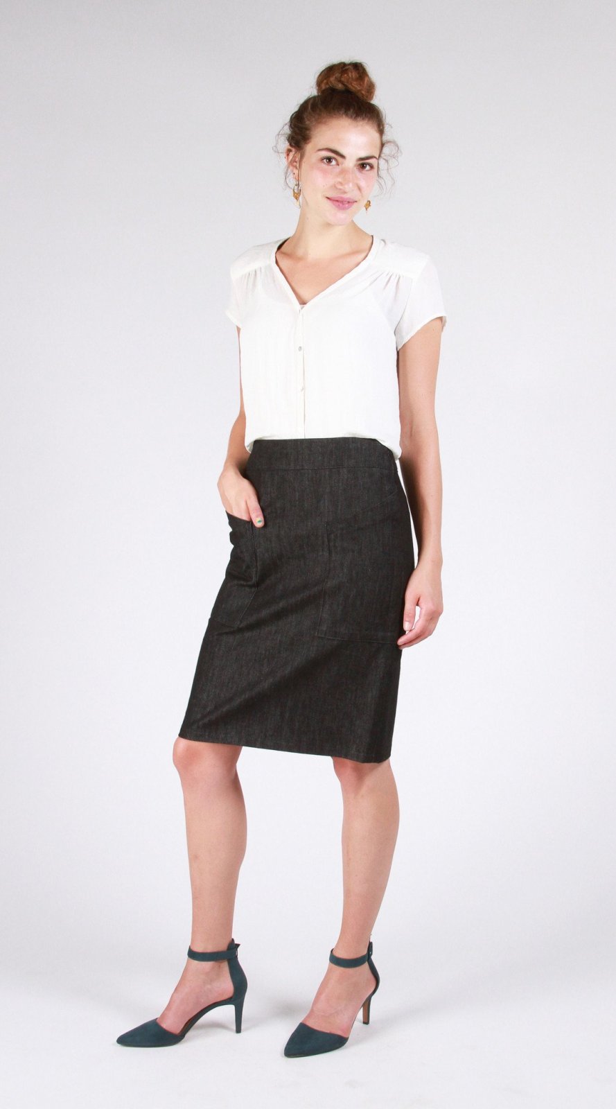 Sew House Seven Alberta Street Pencil Skirt sewing pattern – fitted skirt with pockets, yoke, and back vent