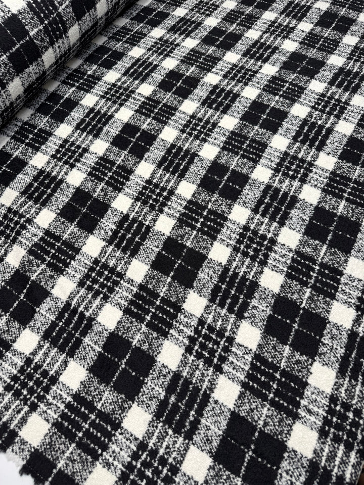Black and white plaid tweed bouclé wool blend fabric, Italian twill weave, 55-inch wide, ideal for coats, jackets, skirts, and tailored suits