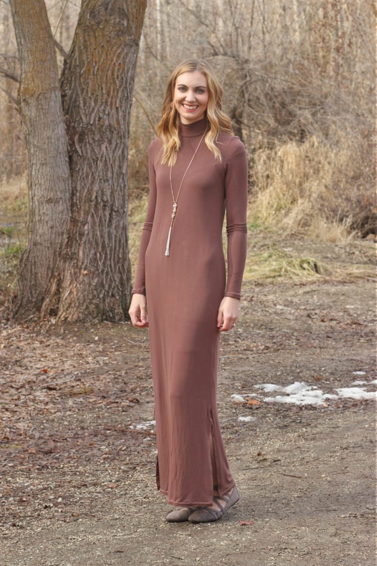 True Bias Nikko Top and Dress sewing pattern – mock turtleneck, fitted top, and ankle-length dress with side slits
