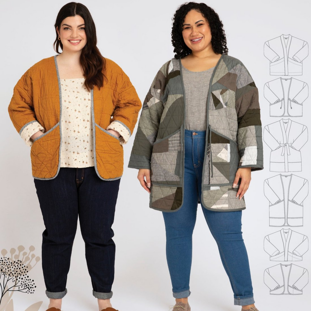 Megan Nielsen Hovea sewing pattern for curvy sizes, featuring loose-fit drop shoulder jackets and coats with multiple lengths