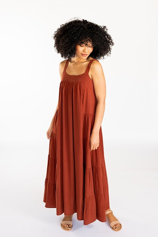 Chalk & Notch Marcel Dress & Tank Top sewing pattern with fitted high bust and flowing silhouette