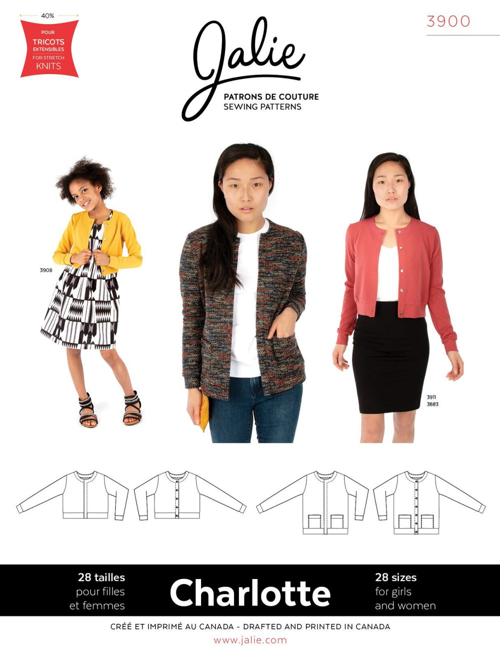 Jalie Charlotte Cardigan Pattern – classic jewel neck cardigan with pockets and cropped options