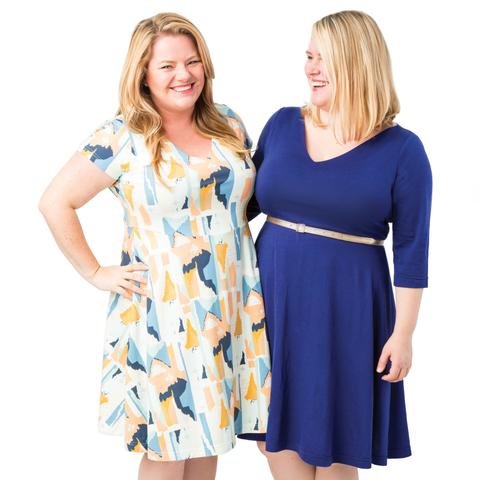 Cashmerette Turner Dress sewing pattern – knit dress with lined V-neck bodice, softly flared skirt, and short, mid, or long sleeves.