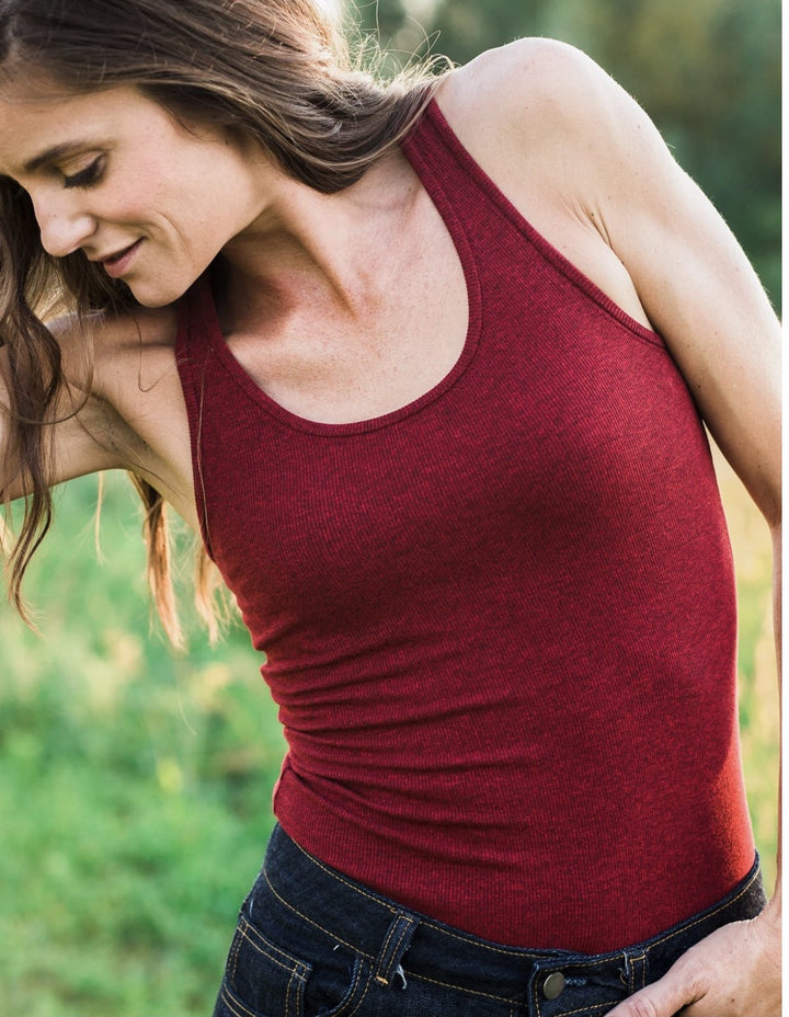 Allie Olson Kila Tank sewing pattern – fitted racerback tank top with scoop neckline in knit fabrics