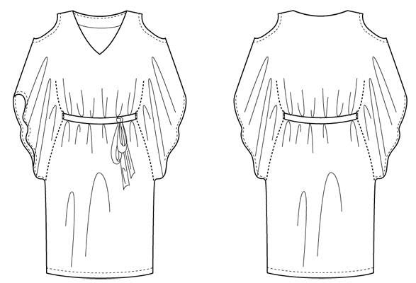 Victory Patterns Satsuki slip-on dress with full sleeves, flounce front, sash waist, and optional peek-a-boo shoulders