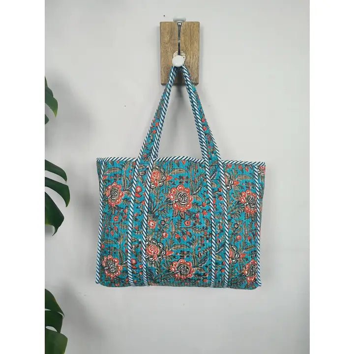 Quilted Cotton Market Bag - Turquoise Floral (Reversible)