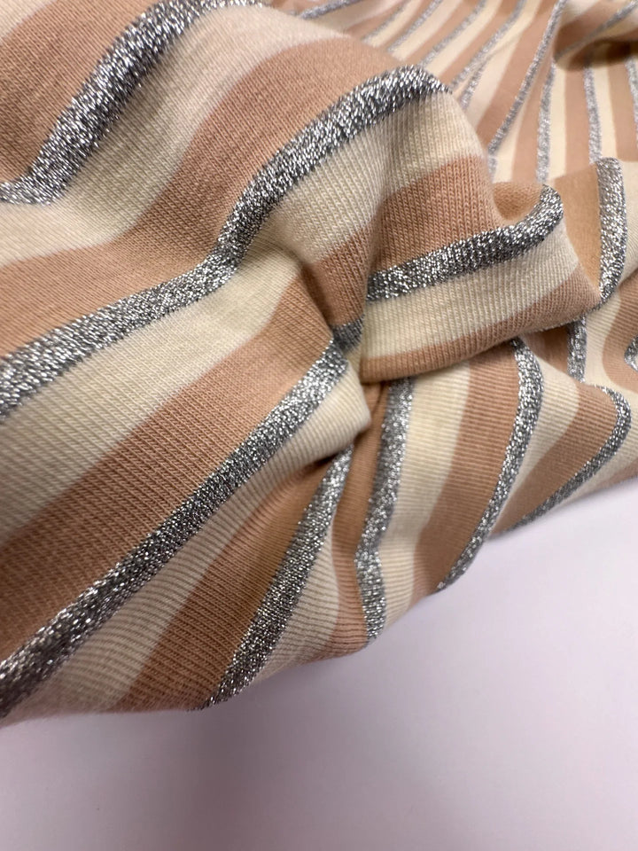 Mid-weight knit fabric with beige, brown, and silver metallic stripes, French origin, 52-inch width