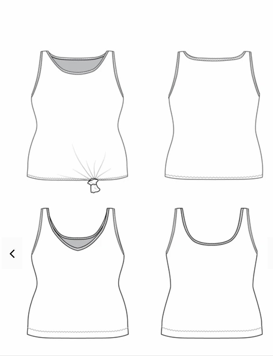 Cashmerette Saybrook Tank sewing pattern with scoop neckline and knot front hem in stretch knit fabric