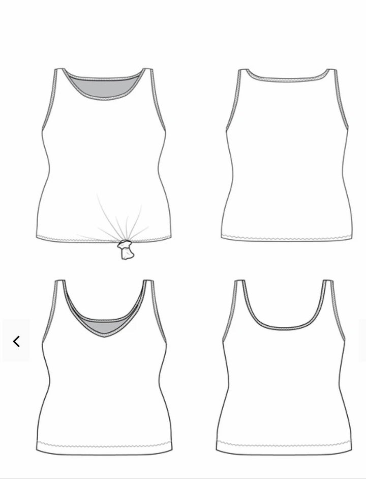 Cashmerette Saybrook Tank sewing pattern with scoop neckline and knot front hem in stretch knit fabric