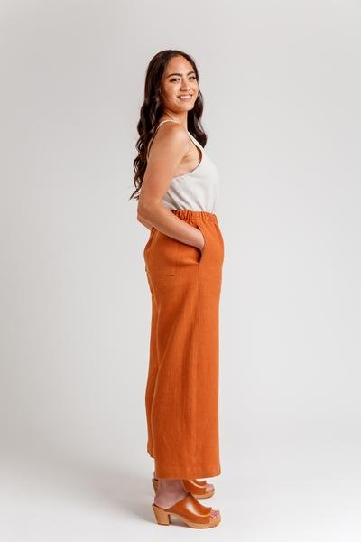 Megan Nielsen Opal sewing pattern for high-waist pants and shorts with paper bag and elastic waist options