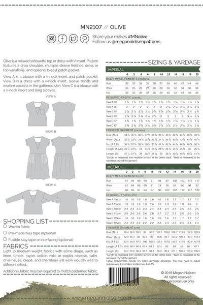 Megan Nielsen Olive sewing pattern for relaxed-fit blouse and dress with V-neck insert, optional patch pocket, and gathered skirt