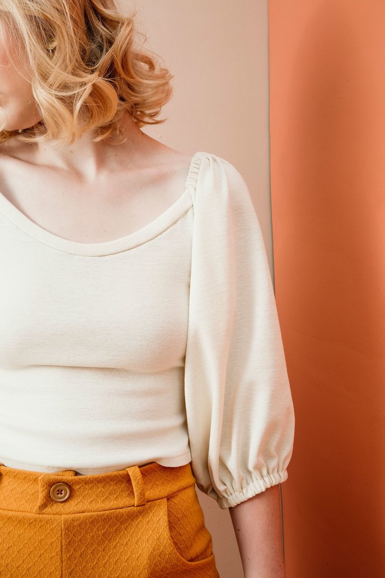 Friday Pattern Co. Adrienne Blouse with billowy elastic sleeves and cropped hem in knit fabric