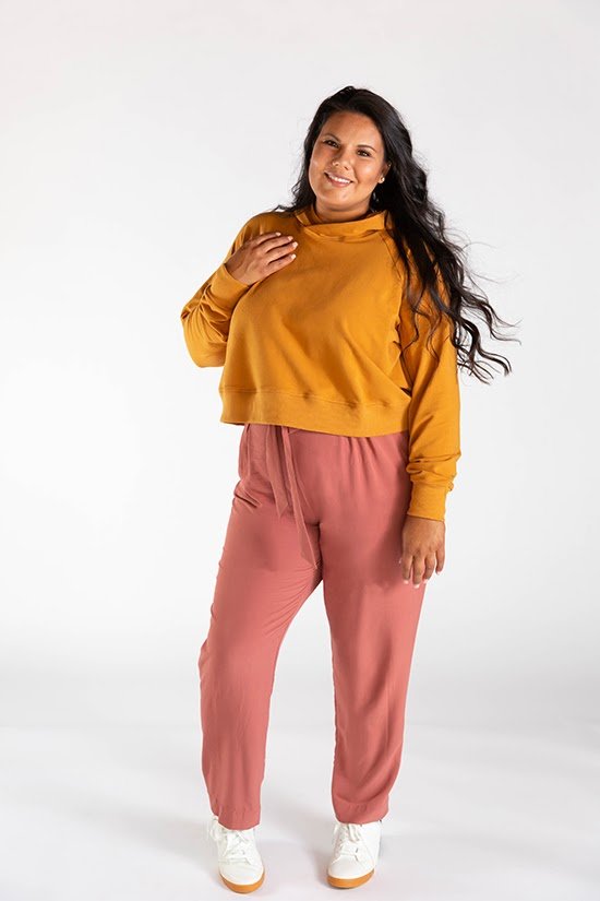 Chalk & Notch Page Hoodie sewing pattern cropped hooded sweatshirt with banded or drawstring hem and interchangeable sleeves