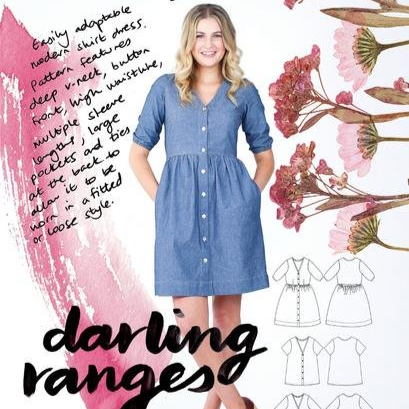 Megan Nielsen Darling Ranges Dress sewing pattern with v-neck, button front, pockets, and adaptable dress, blouse, or tunic variations