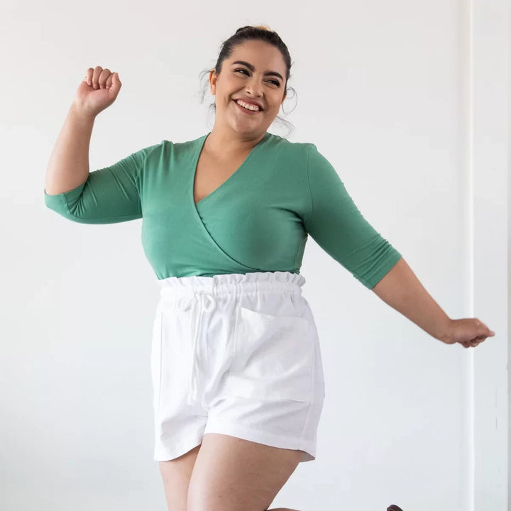 Allie Olson Elio Top sewing pattern with faux wrap silhouette and sleeve length options