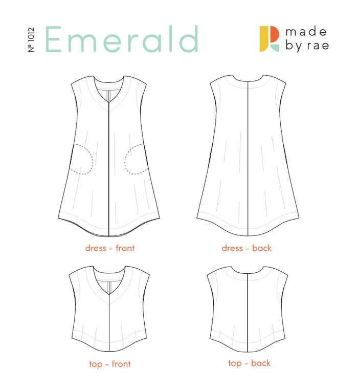 Made By Rae Emerald Dress pattern featuring a V-shaped neckline, curved hem, and optional pockets