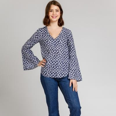 Megan Nielsen Dove Blouse showing elbow-length, flared, and bell sleeve options with V-neckline and curved hem