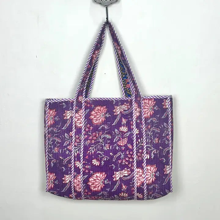 Quilted Cotton Market Bag - Purple Floral (Reversible)