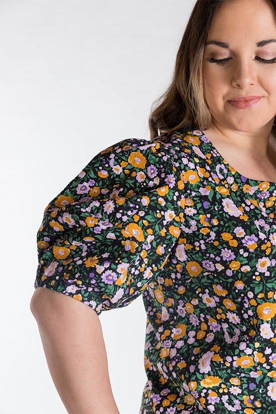 Chalk & Notch Wren Blouse & Dress sewing pattern with button-front and statement sleeves