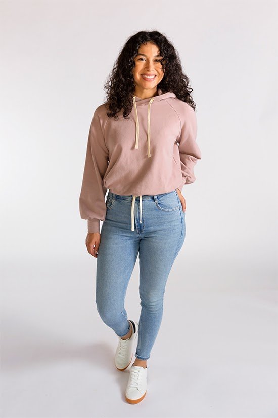 Chalk & Notch Page Hoodie sewing pattern cropped hooded sweatshirt with banded or drawstring hem and interchangeable sleeves