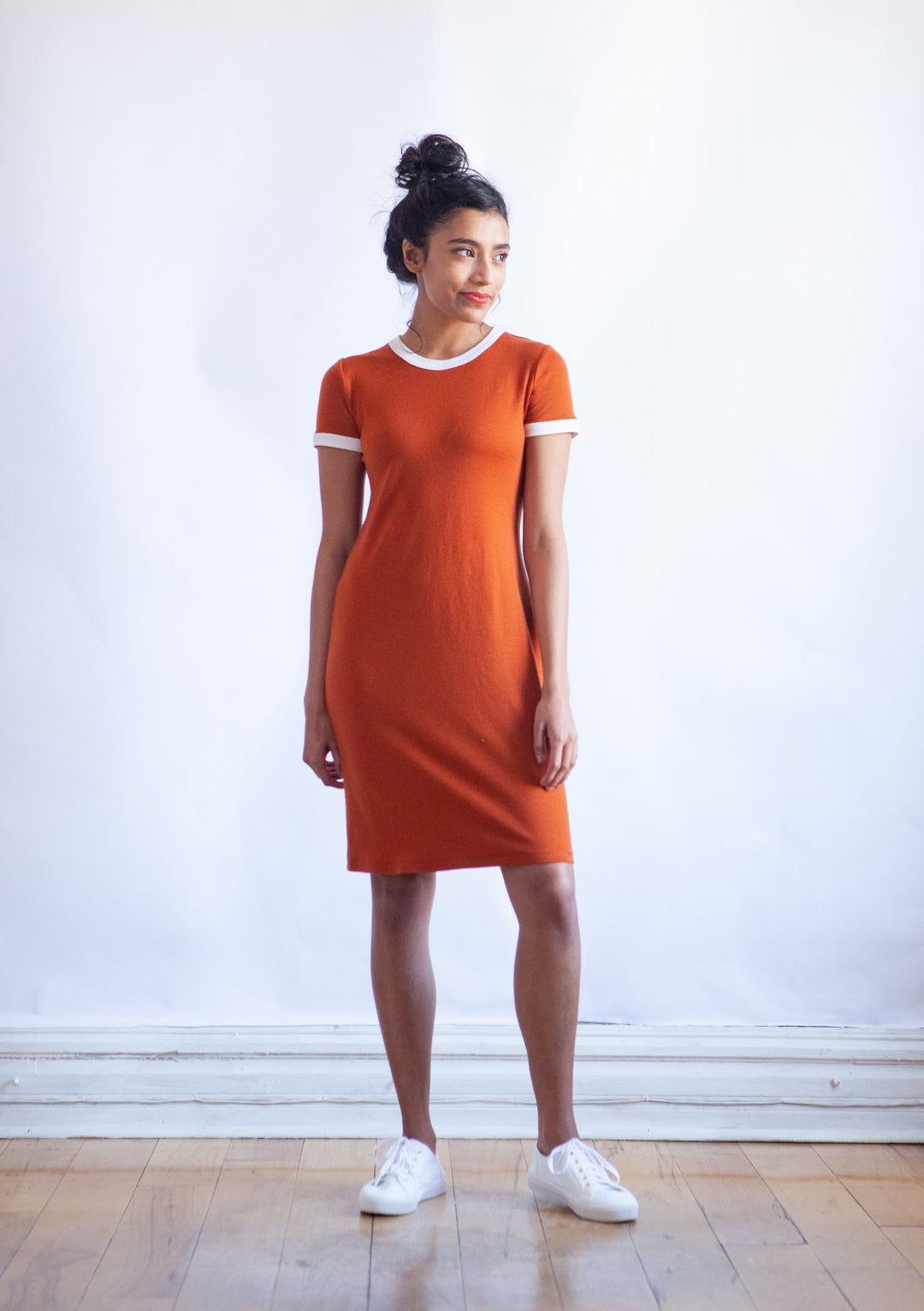 True Bias Rio Ringer T-Shirt & Dress sewing pattern with retro ribbed neckline and sleeve trim in T-shirt and dress versions