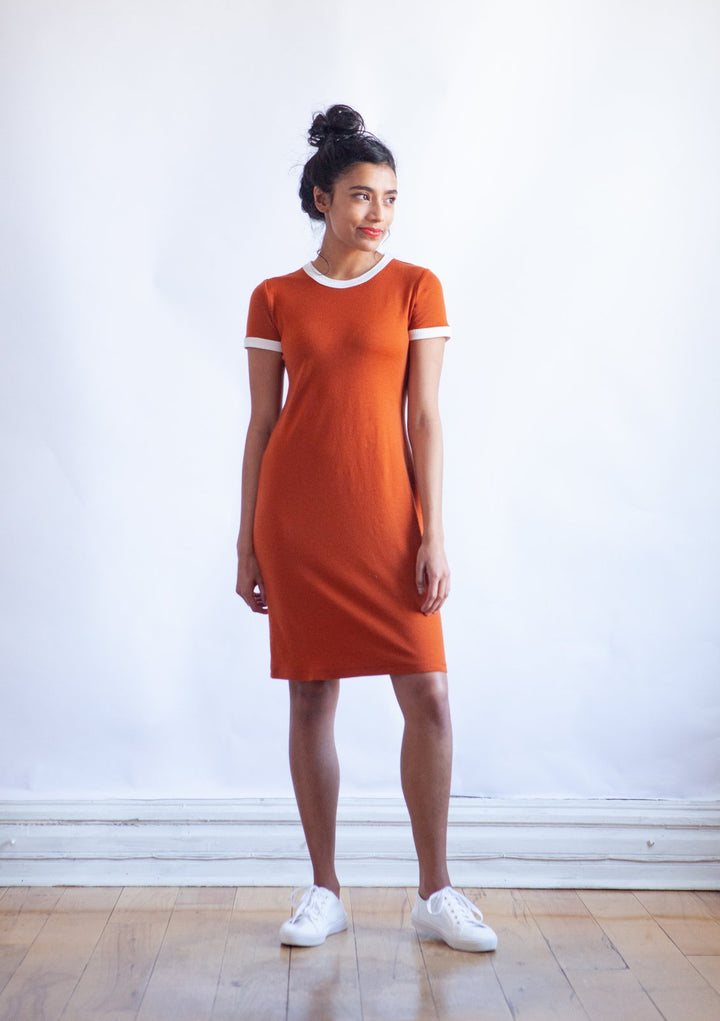 True Bias Rio Ringer T-Shirt & Dress sewing pattern with retro ribbed neckline and sleeve trim in T-shirt and dress versions