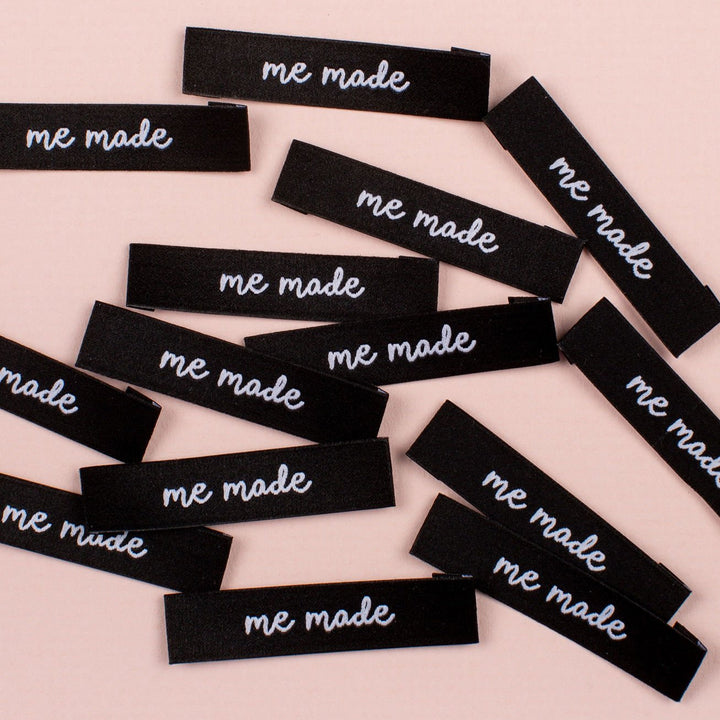 Minimalist 'Me Made' black and white woven labels for handmade clothing - premium sewing tags