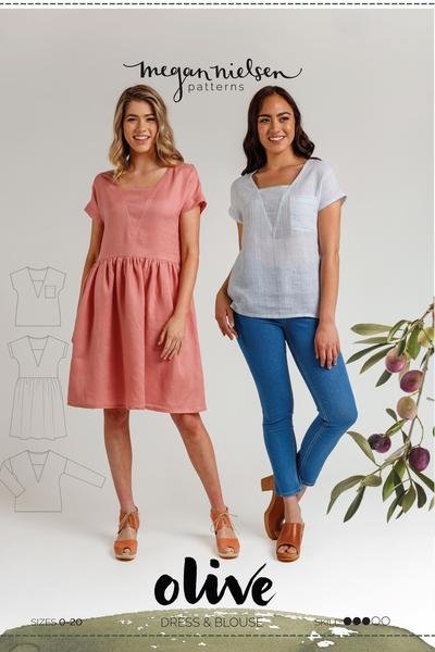 Megan Nielsen Olive sewing pattern for relaxed-fit blouse and dress with V-neck insert, optional patch pocket, and gathered skirt