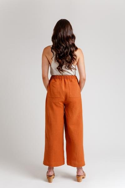 Megan Nielsen Opal sewing pattern for high-waist pants and shorts with paper bag and elastic waist options