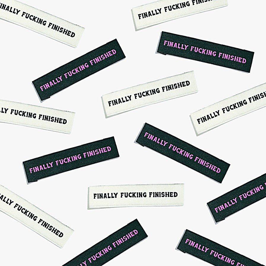 Finally F*cking Finished woven labels by Kylie and the Machine in cream/dark green and forest green/pink color combinations - humorous sewing completion tags